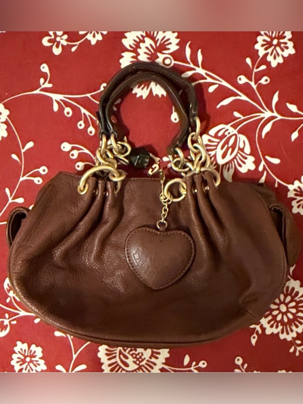 Vintage Juicy Couture 100% Cow Hide Brown Leather Shoulder Bag with Heart Char